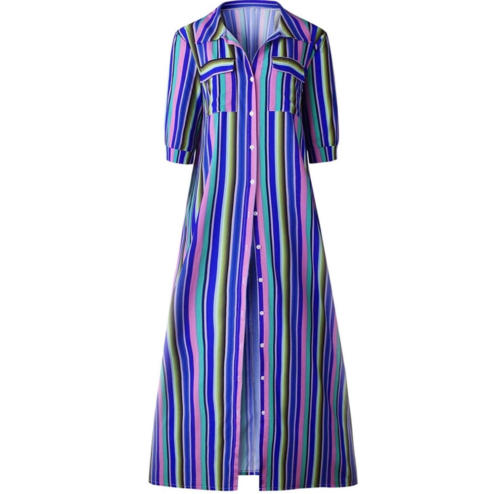 Blue Rainbow Stripped Boho Maxi Tunic Dress - Picture 2 of 6